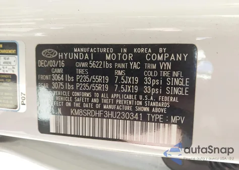 2017 Hyundai Santa Fe Limited Ultimate из США, поврежденный, VIN KM8SRDHF3HU230341